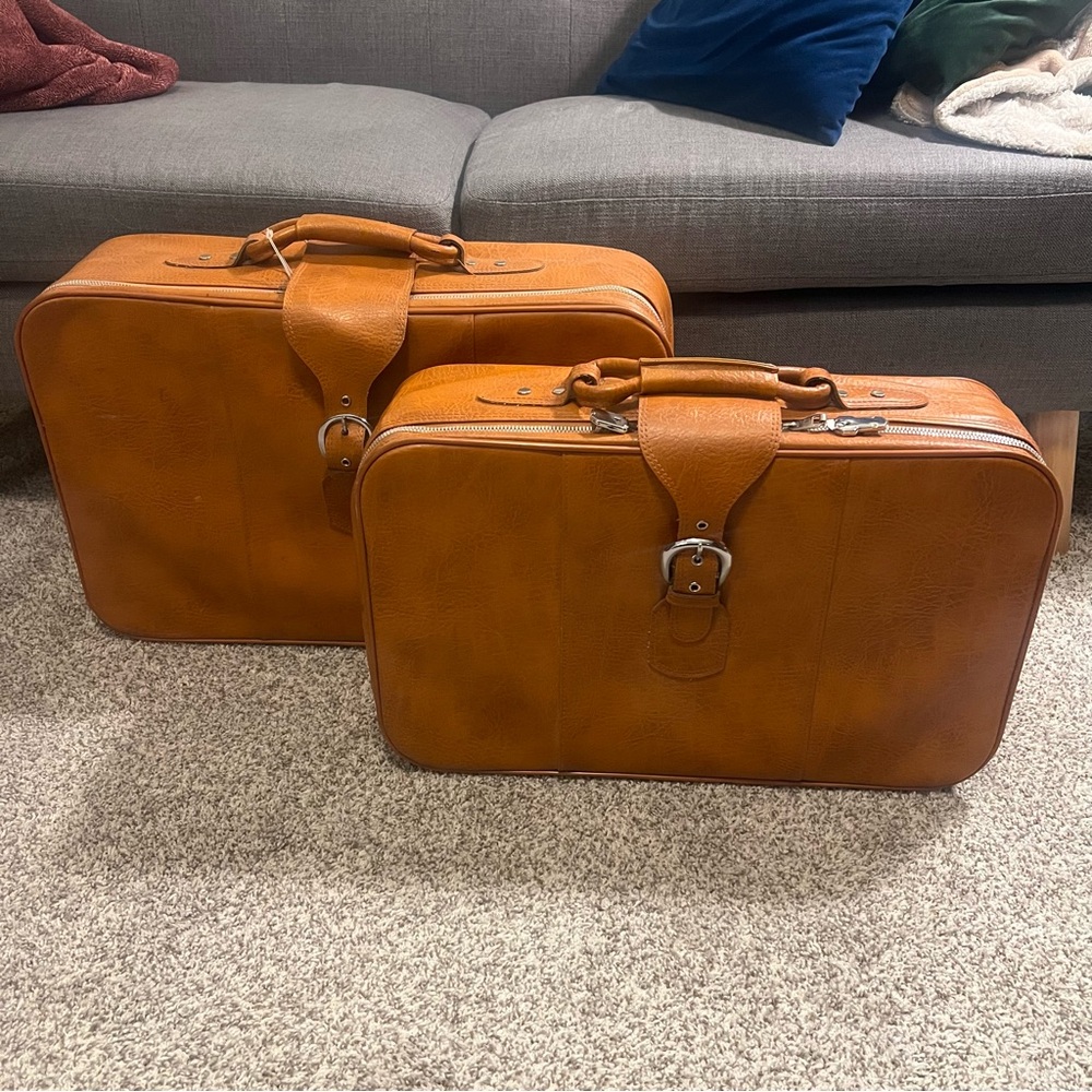 Vintage Faux Leather Travel Suitcase Pair
